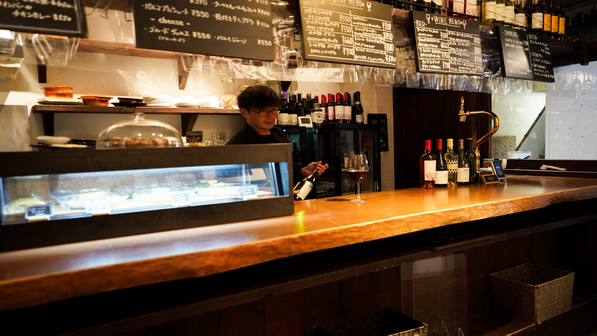 The counter and wine shelves